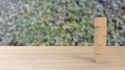 Five wooden cubes on table vertical over blur background with climbing green leaves, mock up, template, banner with copy space for text, 3d render