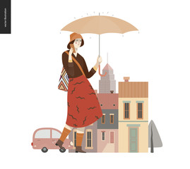 Wall Mural - Rain - walking girl -modern flat vector concept illustration of a young woman wearing skirt and hat, with umbrella, phone, walking in the rain in the street, in front of city houses and cars.