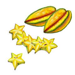 Composition of realistic colorful ripe carambola with slices. Watercolor hand painted isolated elements on white background. Exotic tropical fresh fruit, food and cocktail decor. Natural starfruit.