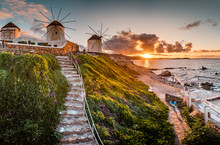 The White Windmills Of Mykonos Island, Famous Mykonos Sunset, Kato Mili Close To Little Venice, Cyclades, Greece
