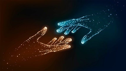 Two hands of glowing particles, orange and blue, help, support
