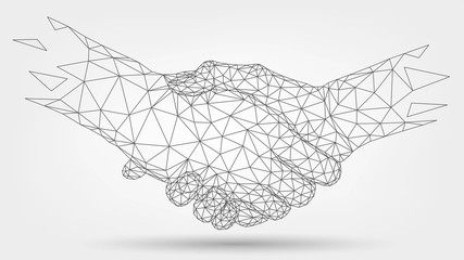Two wire-frame hands, handshaking, partners, friendship or business partnership, technology, business, trust concept