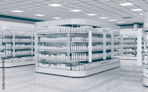 Fotografía Interior of a supermarket with shelves for goods. 3d illustration