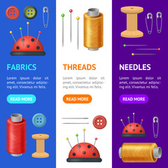 Canvas Print - Realistic Detailed 3d Sewing Supplies for Tailoring and Needlework Banner Vecrtical Set. Vector