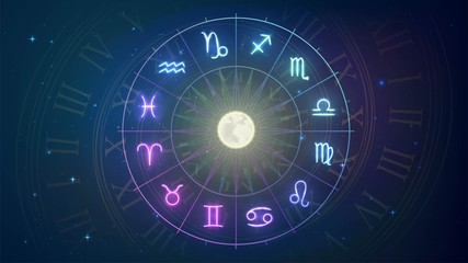 Wall Mural - wheel with twelve signs of the zodiac in night sky, astrology, esotericism, prediction of the future