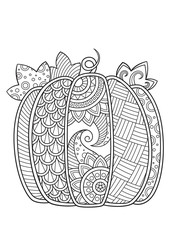 Vector Halloween doodle coloring book page pumpkin with pattern.