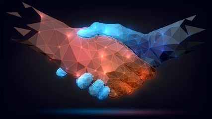Two poligonal glowing hands, handshake, technology, business, trust concept