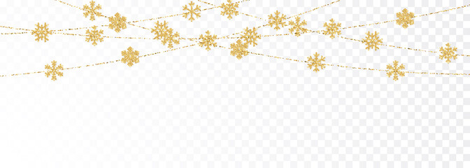 Christmas or New Year golden decoration on transparent background. Hanging glitter snowflake. Vector illustration