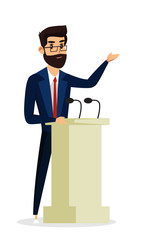 Business conference flat vector illustration. Speaker on stage cartoon character. Scientific presentation, academic symposium, professional briefing. University lecture, college faculty.