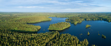 Beautiful Lakes And Green Forest At Bright Sunrise. Morning In Countryside Concept. Aerial Panorama.