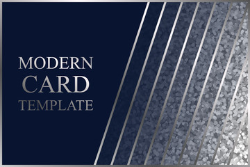 Modern geometric luxury design or card template for business or presentation or greeting with silver glitter, lines and text on a navy blue background.