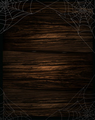 spider and webs over grunge wooden background vector