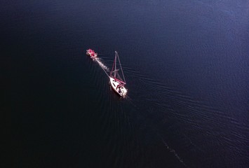 Sticker - Overhead drone photography of a sailing boat in a lake on a sunny day