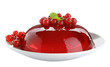 Delicious fresh red jelly with berries and mint on white background