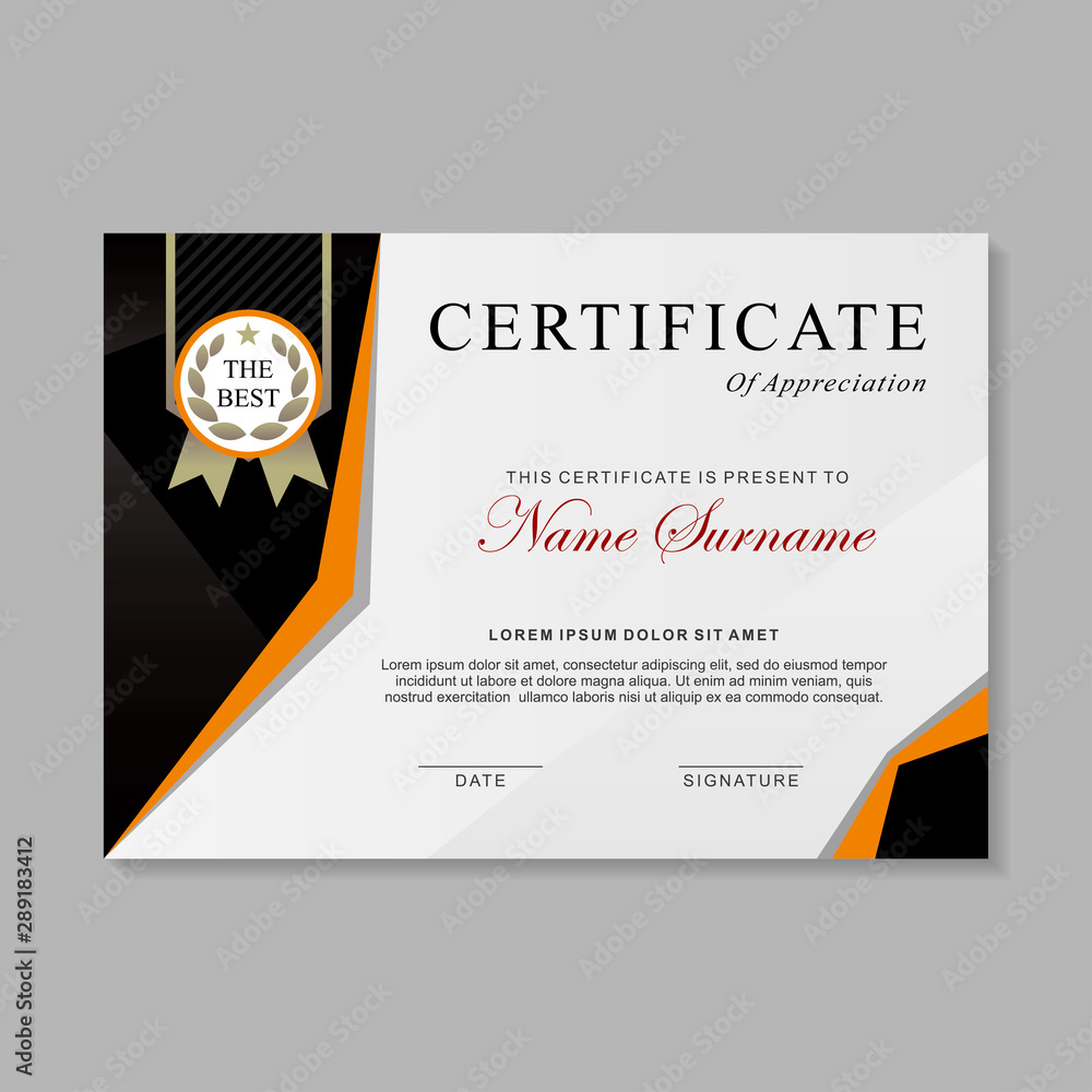 Modern certificate template design with black, white and orange color ...