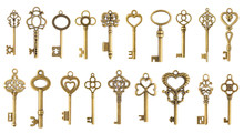 Set Of Vintage Golden Skeleton Keys Isolated On White Background