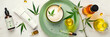 Cosmetics with cannabis oil on a turquoise plate on a light marble background. Concept of luxury skin care. Banner