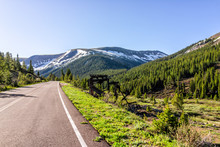 Independence Pass Highway 82 Rocky Mountain View And Paved Road Scenic Byway In Morning Sunrise Near Aspen, Colorado In Green Summer