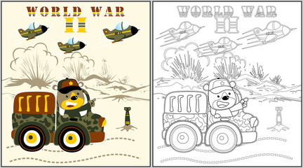 Sticker - playing war with funny bear on military truck, coloring page or book, vector cartoon illustration