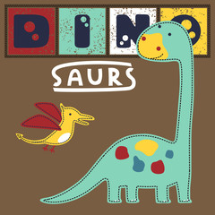 Poster - colorful dinosaurs cartoon, brontosaurus with pterodactyl