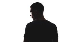 Silhouette Portrait Of Man With His Back Looking Away, Isolated On A White Background