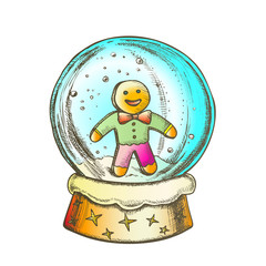 Sticker - Snow Globe With Biscuit Man Souvenir Ink Vector. Snowy Winter And Cake In Human Form In Glass Snow Ball On Pedestal. Xmas Present Sphere Template Designed In Vintage Style Color Illustration