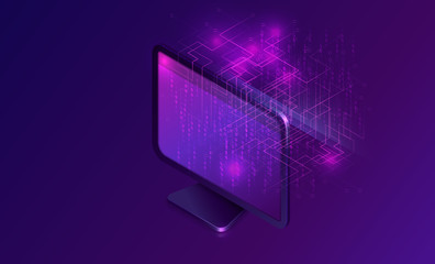 Wall Mural - document manager business concept vector isometric illustration. computer monitor on purple ultravio
