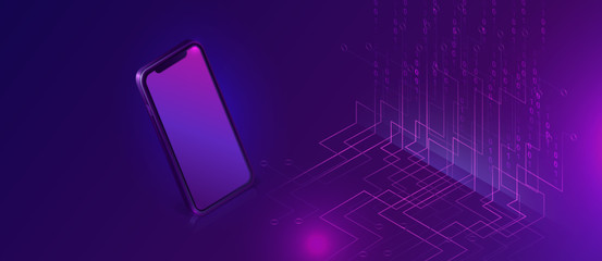 Wall Mural - mobile document manager business concept vector isometric illustration. smartphone on purple ultravi