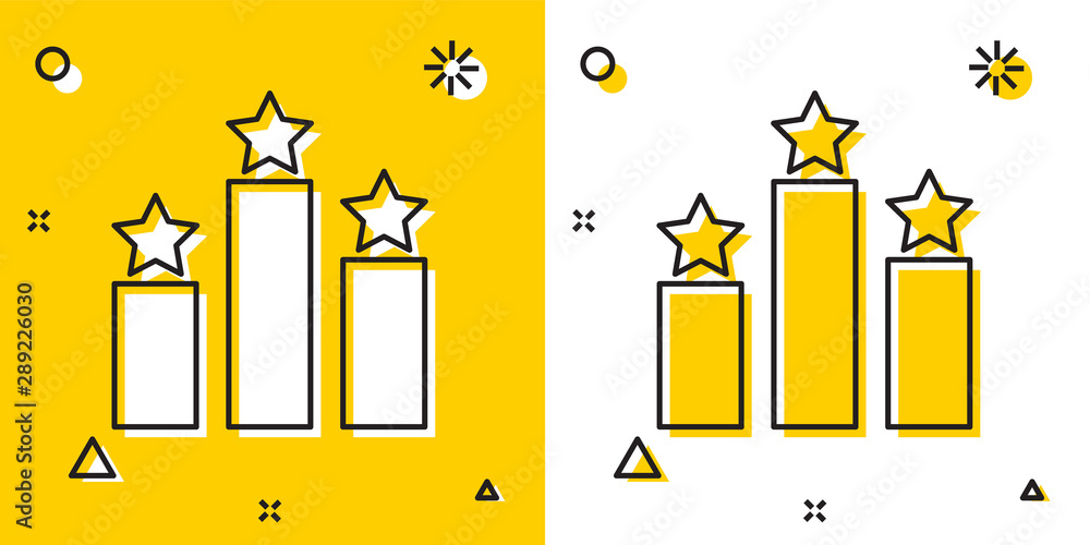Black Ranking star icon isolated on yellow and white background. Star rating system. Favorite, best rating, award symbol. Random dynamic shapes. Vector Illustration - obrazy, fototapety, plakaty 