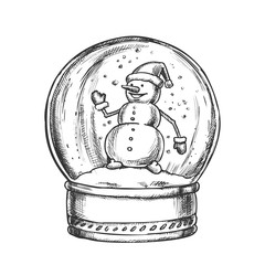 Sticker - Snow Globe With Snowman Souvenir Vintage Vector. Winter In Crystal Glass Snow Ball On Pedestal. Season Holiday Present Decorative Sphere Template Designed In Retro Style Monochrome Illustration