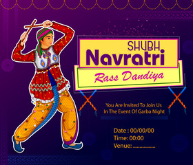 Poster - Man performing dandiya and dancing garba sale and promotion advertisement background in vector