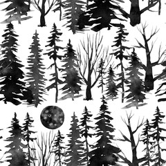 many black branches, forest seamless pattern, monochrome watercolor illustration