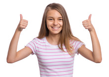 Portrait Of Teen Girl Making Thumb Up Gesture, Isolated On White Background. Beautiful Caucasian Young Teenager Smiling. Happy Cute Child Showing Success Sign. Back To School Concept.