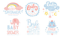 Baby Shower Invitation Templates Set, Cute Design Elements For Boy Or Girl Newborn Celebration Party Hand Drawn Vector Illustration