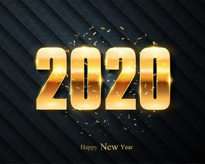 Poster - NYE (New Year Eve) 2020. Happy New Year  winter holiday greeting card design template. Party poster, banner or invitation. Vector golden glittering text and 2020 numbers. Vector illustration