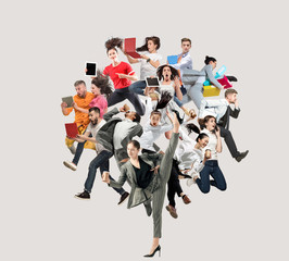 Wall Mural - Happy office workers jumping and dancing in casual clothes or suit with folders, coffee, tablet on white. Ballet dancers. Business, start-up, working open-space, motion, action. Creative collage.