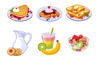 Poster - Collection of Delicious Breakfast Meal, Healthy Food and Drinks Different Sets Vector Illustration