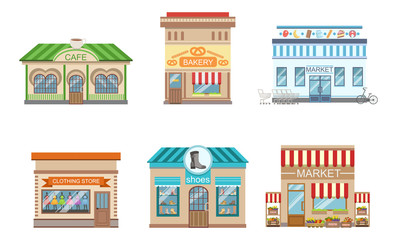 Canvas Print - City Public Buildings Facades Set, Market, Pizza, Cafe, Bakery, Clothing Store, Shoes, Vector Illustration