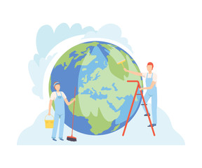 Sticker - Professional Cleaners Cleaning the Earth Planet with Tools, Volunteers Taking Care About Planet Ecology, Environment, Nature Protection Flat Vector Illustration