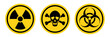 Danger warning circle yellow sign. Radiation sign, Toxic sign and biohazard vector icon isolated on white background.