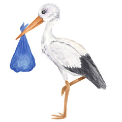 white stork with boy baby. isolated object on the white background, watercolor hand drawn illustrati