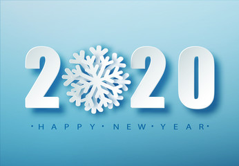 Wall Mural - 2020 blue christmas typography design. winter season background with falling snow. christmas and new