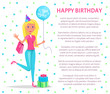 © robu_s - Happy birthday poster, blonde woman do shopping for birthday party. Girl with bag and balloon, gift boxes, in festive cap. Female ready to wish happy anniversary vector