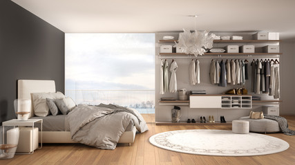 Luxury white and gray modern bedroom with double bed and walk-in closet, parquet floor, panoramic window with winter panorama, carpet, pouf, minimal architecture interior design