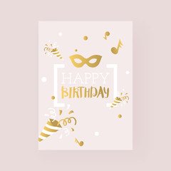Wall Mural - Happy birthday greeting card, vector illustration. Golden elements on pink background, simple design with space for text. Invitation to birthday party