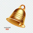 Golden metal bell isolated on a transparent background, Christmas symbol, school bell, vintage bell. 3D effect. Vector. EPS10