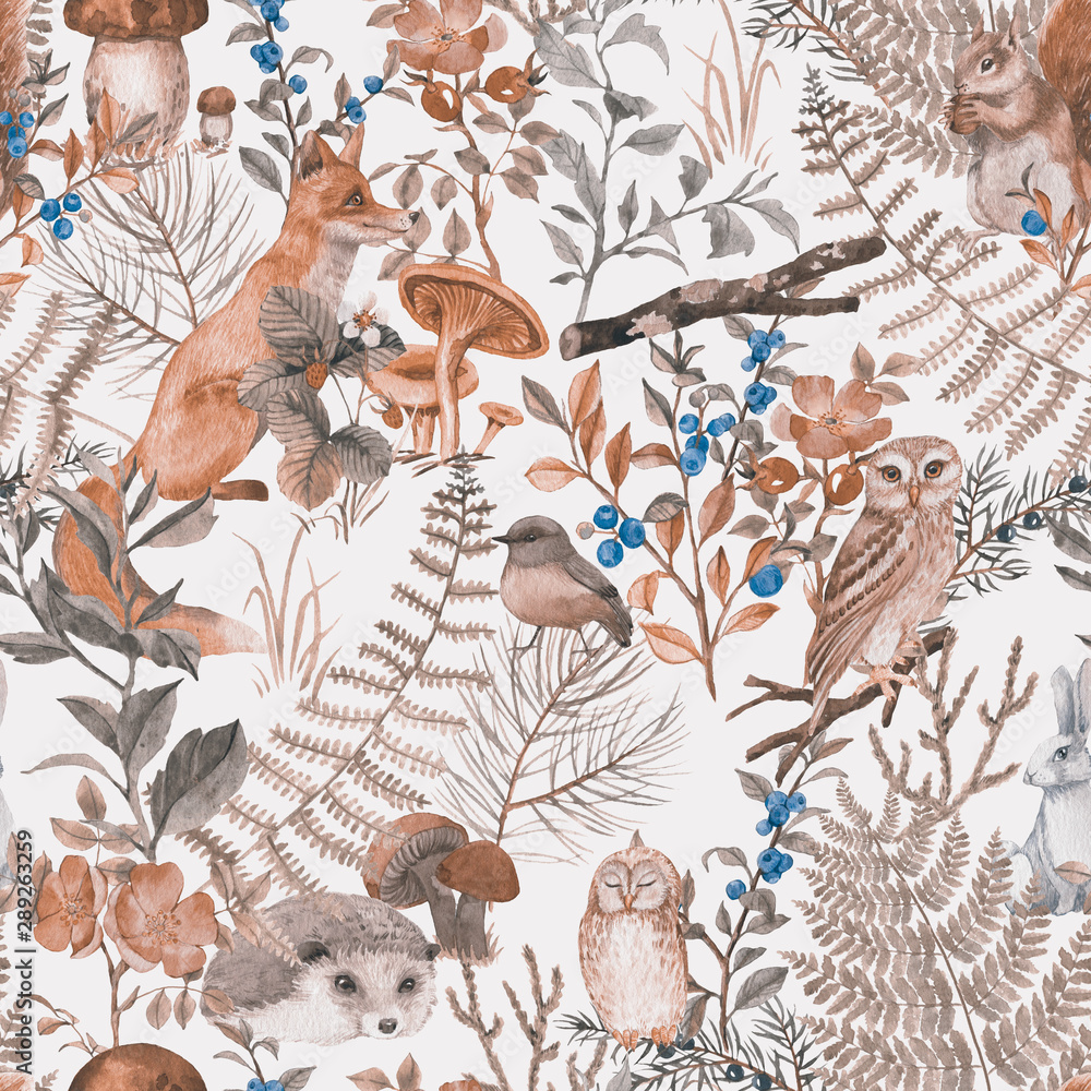 Hand drawn seamless pattern with watercolor forest animals and plants ...