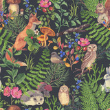 Fototapeta Sypialnia - Hand drawn seamless pattern with watercolor forest animals and plants. Pattern for kids wallpaper, wood inhabitants, cute animals