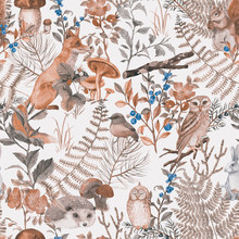 Hand Drawn Seamless Pattern With Watercolor Forest Animals And Plants. Pattern For Kids Wallpaper, Wood Inhabitants, Cute Animals