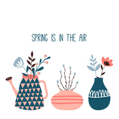 Wall Mural - Spring is in the air. Card or poster with cute flower pots